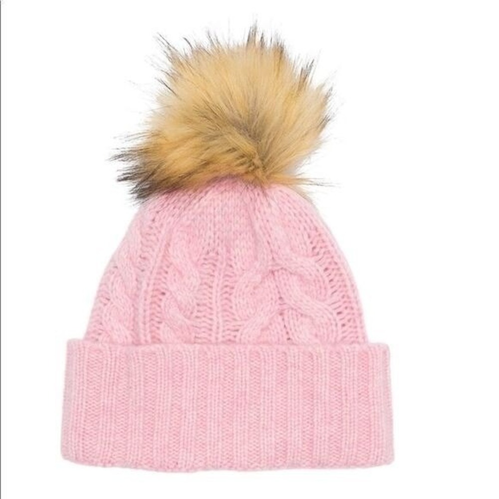 Halogen Cashmere Cable Knit Beanie with Faux Fur Pom, Pink/Brown, NWT